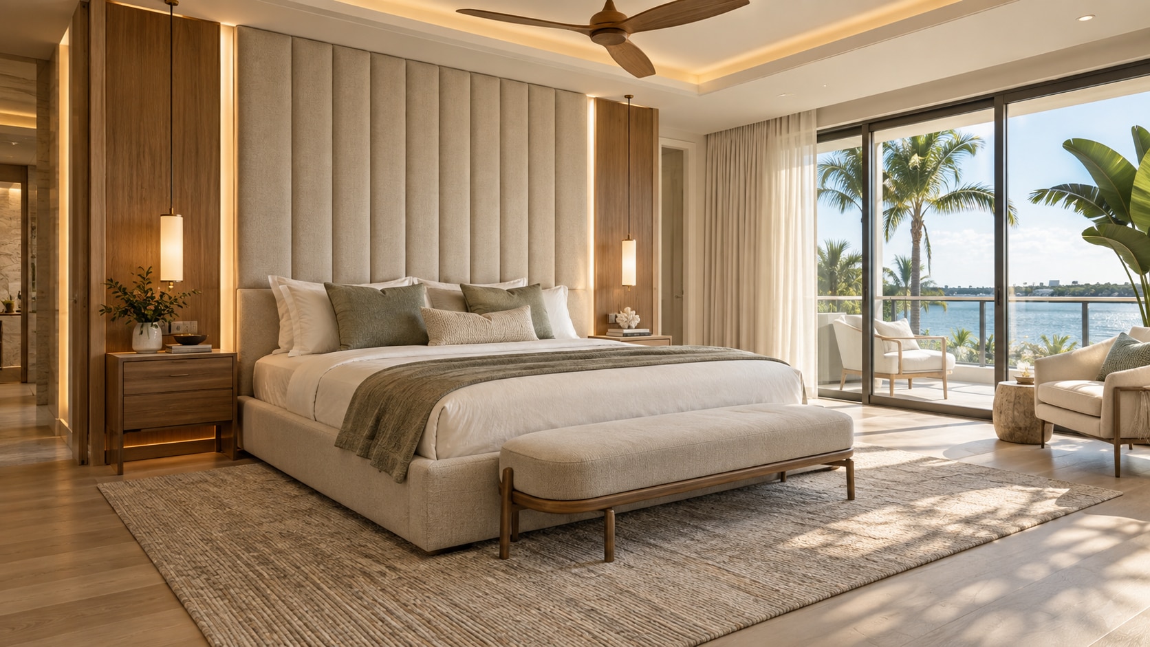 Bedroom with upholstered wall panels and integrated warm lighting