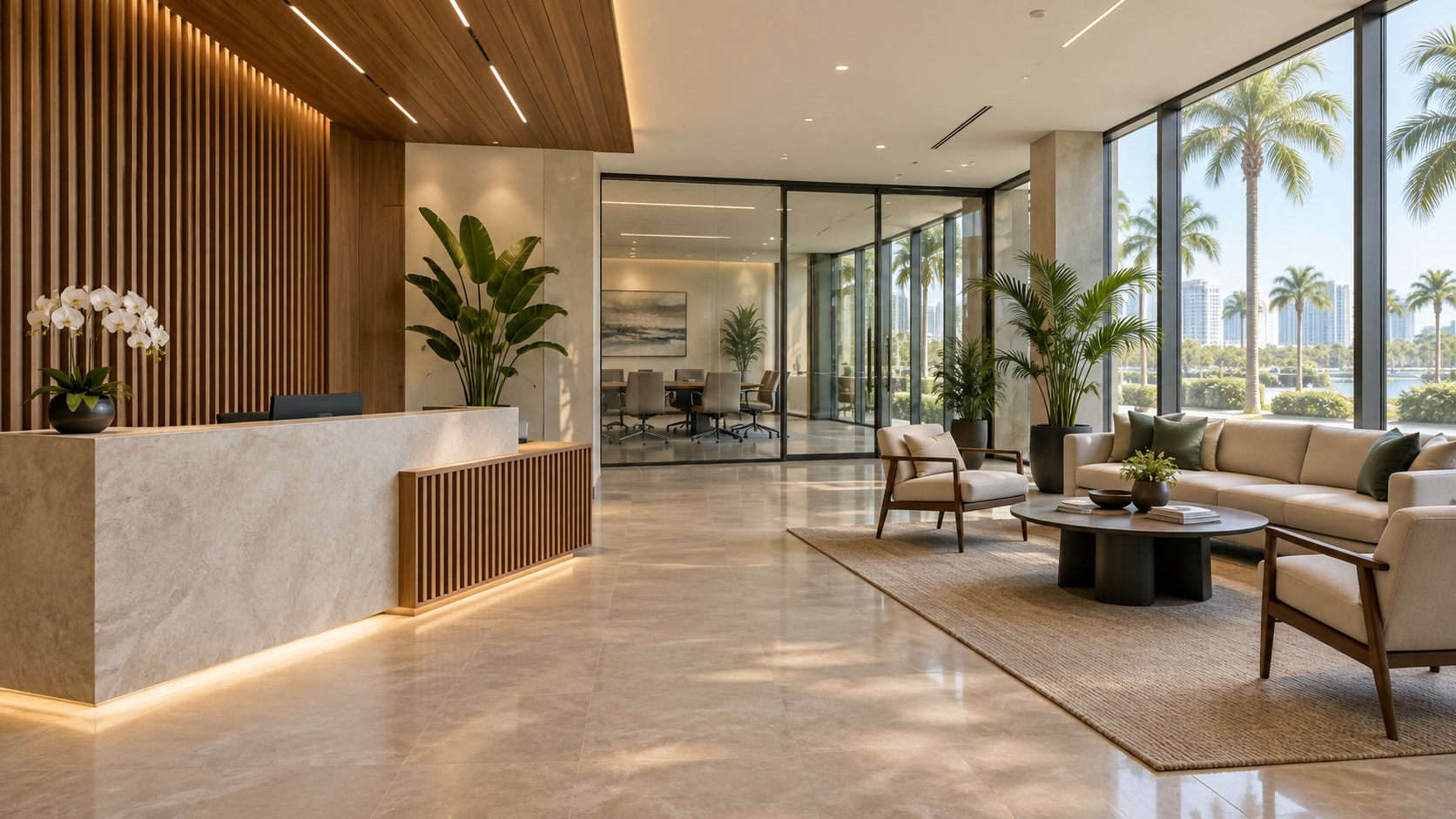 Modern commercial reception with wood finishes and glass partitions