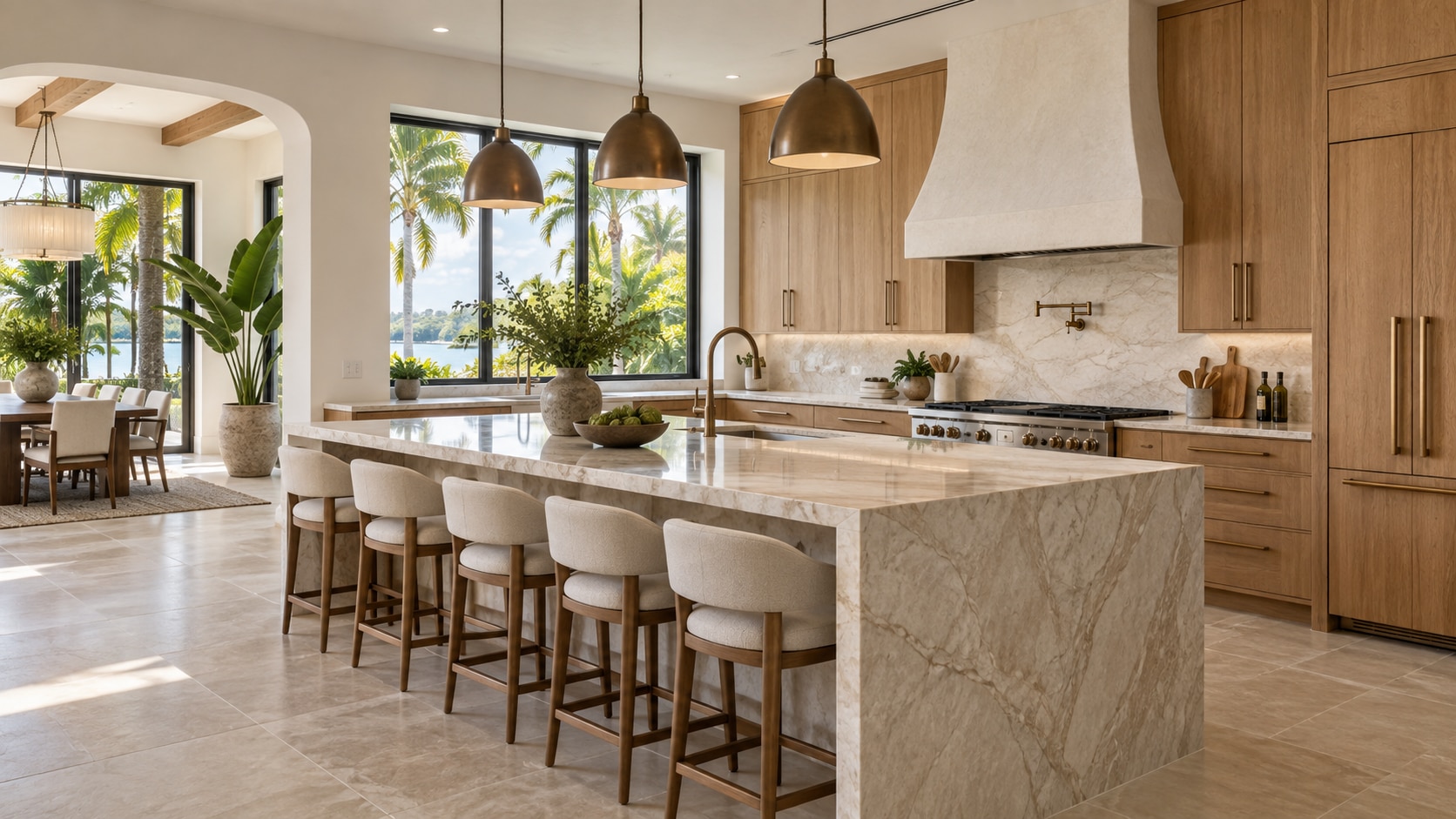 High-end kitchen with an oversized stone island