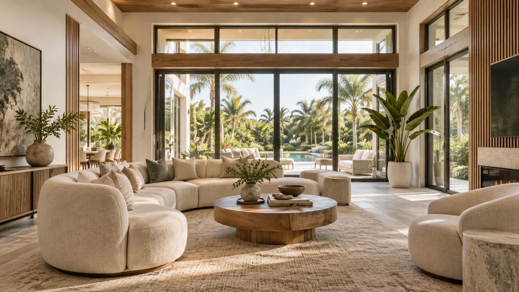 Elegant living room with sculptural seating and natural wood accents
